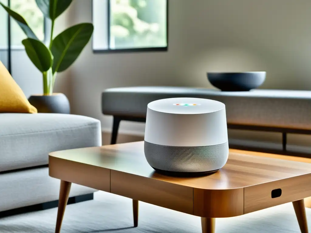 Configuración Google Home automatización vivienda: Salón moderno iluminado con luz natural y decoración minimalista, con Google Home en mesa elegante