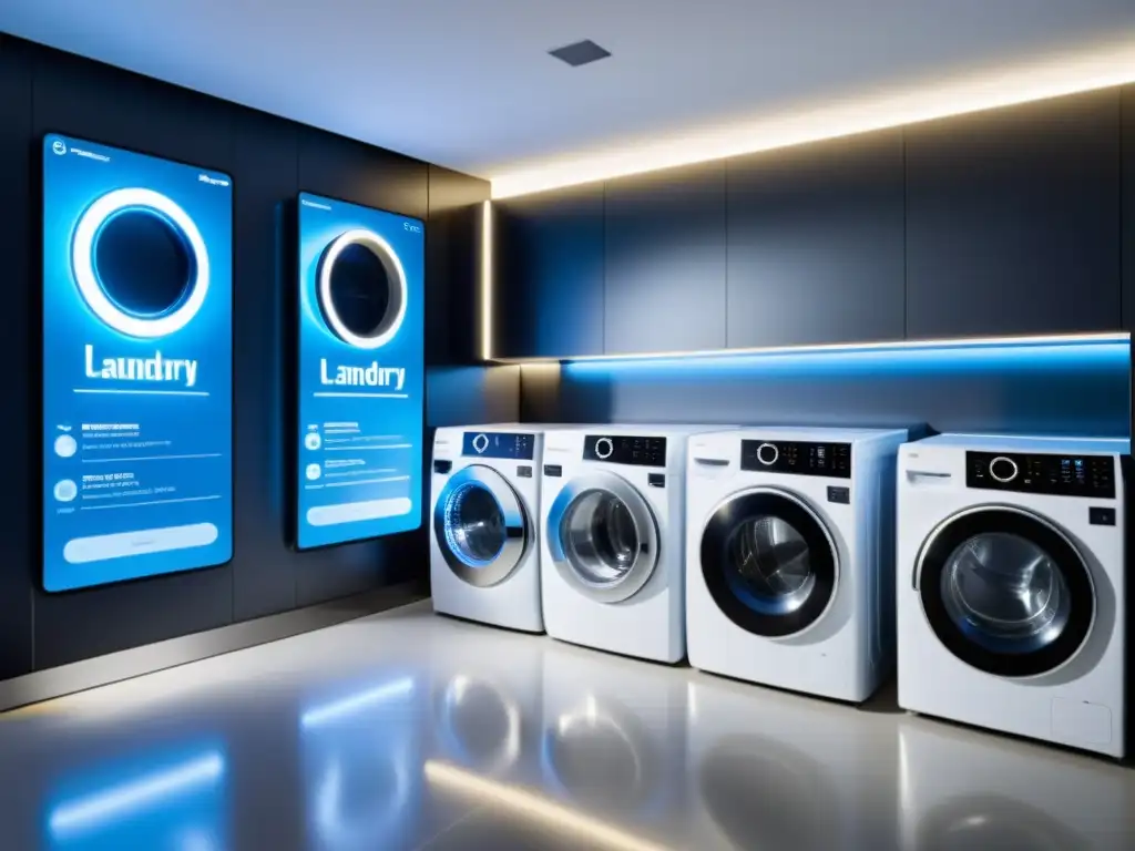 Laundry room moderno con lavadoras y secadoras control desde teléfono, estilo minimalista y tecnología futurista