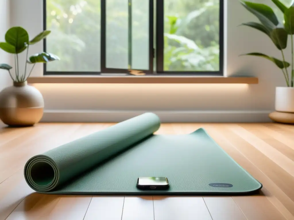 Smart yoga mat tecnología hogar: Mat moderno con luces LED integradas para alineación postural, app personalizada y estudio yoga en casa sereno