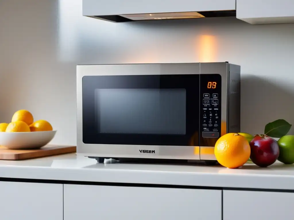 Un moderno microondas de acero inoxidable con pantalla digital y controles táctiles en una encimera de cocina blanca