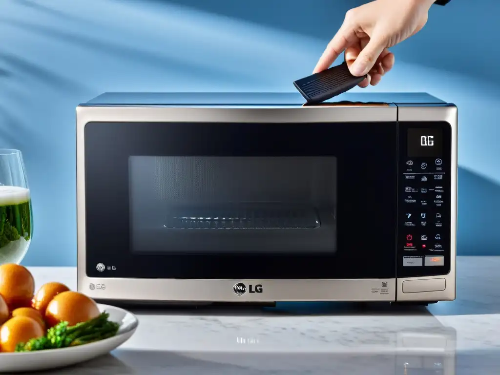 Un moderno microondas con grill LG en una elegante encimera de mármol blanco, iluminado por una suave luz azul