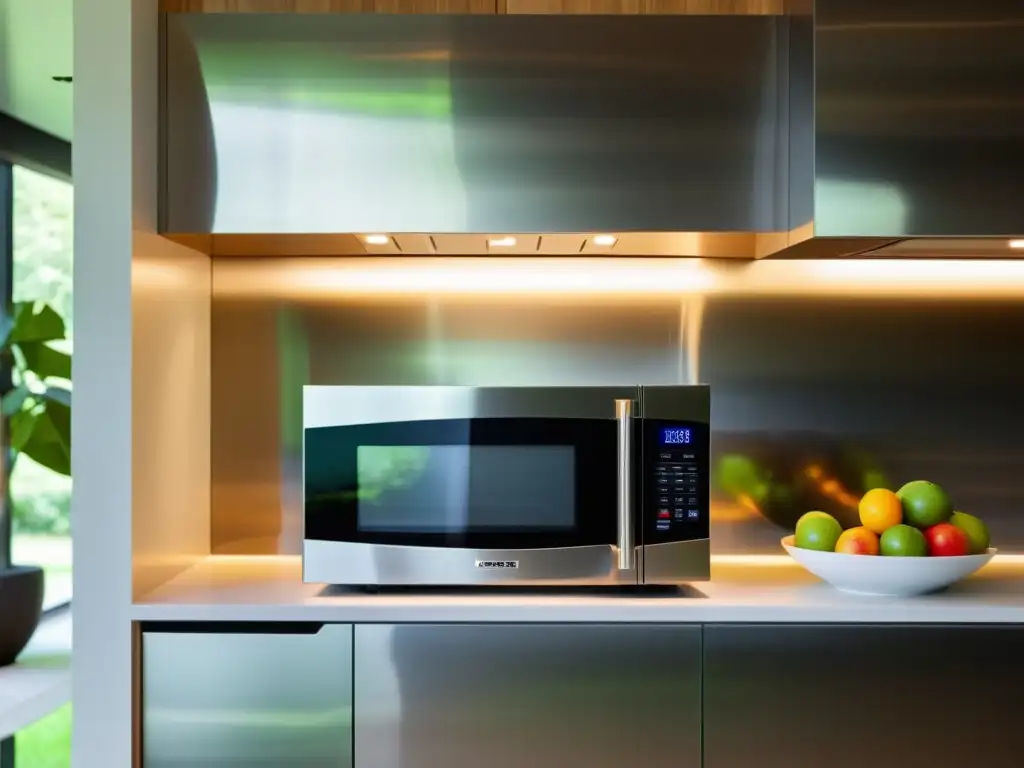 Moderno microondas integrado en la cocina, iluminada por luz natural