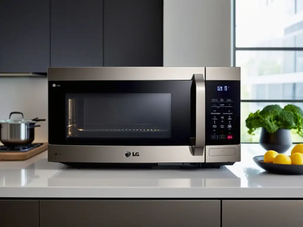 Moderno microondas LG con grill, elegante diseño en acero inoxidable negro, iluminación LED y controles táctiles