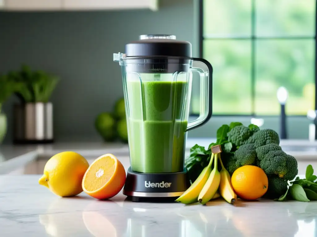 Un moderno y potente blender con un smoothie verde vibrante, rodeado de frutas frescas y verduras