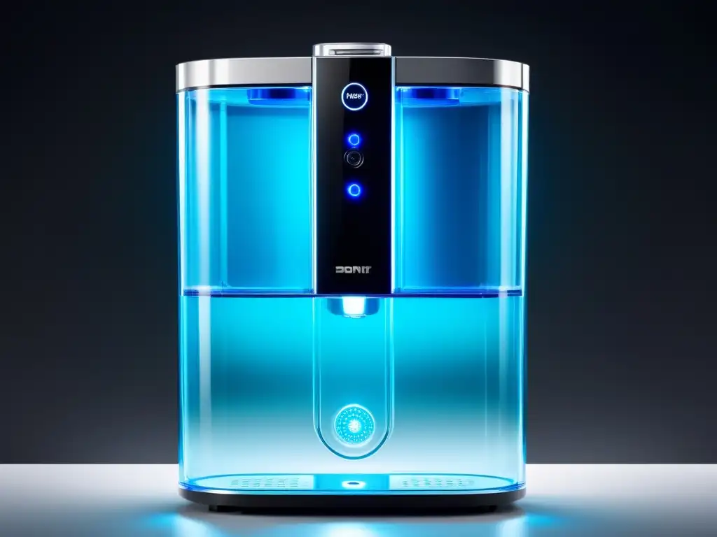 Un moderno purificador de agua con un diseño futurista y transparente, revelando su complejo sistema de filtros