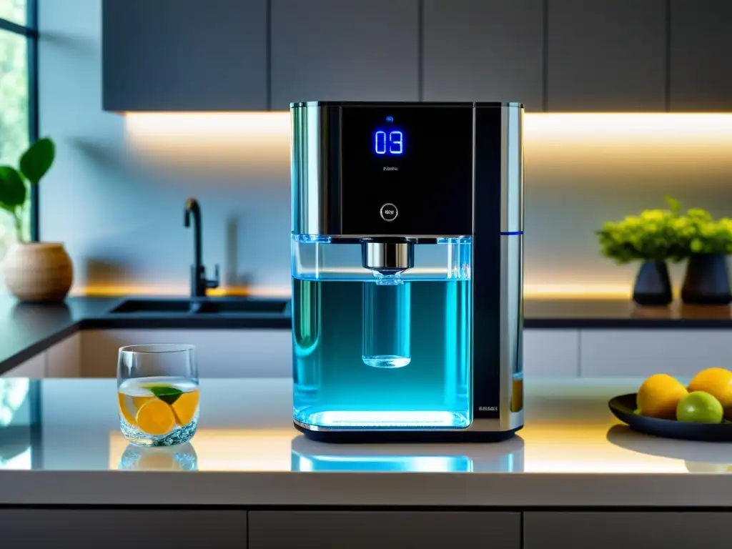 Moderno purificador de agua en encimera, iluminado con luces LED suaves, creando un ambiente elegante y futurista en una cocina contemporánea