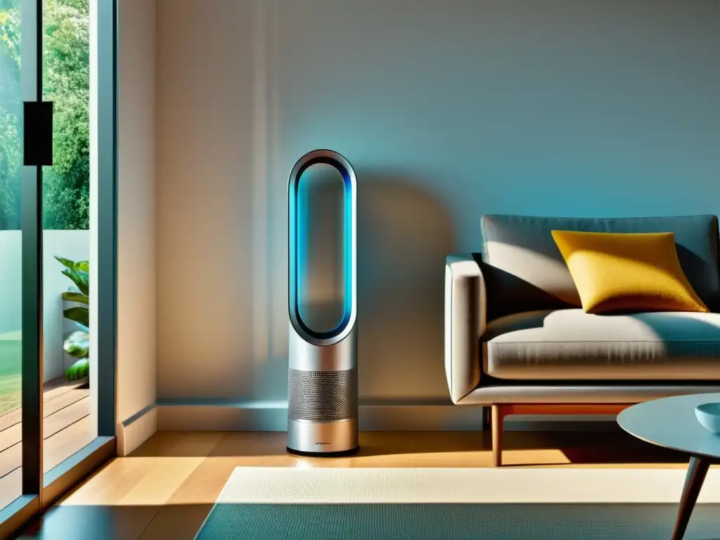 El moderno purificador de aire Dyson Pure Cool mejora la calidad del aire en un hogar contemporáneo, rodeado de aire fresco y datos en tiempo real