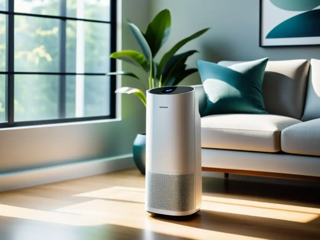 Purificador de aire moderno: frescura y diseño en un salón luminoso Un moderno purificador de aire en un salón luminoso, resaltando su diseño minimalista