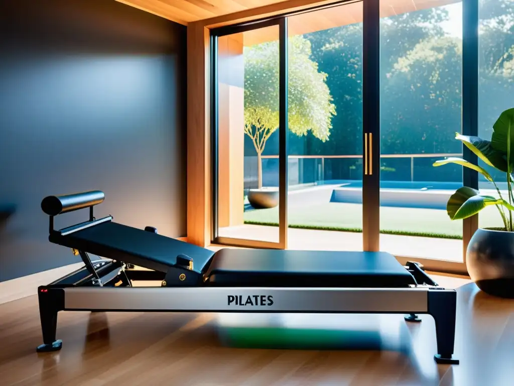 Un moderno reformador de Pilates con tecnología integrada, en un gimnasio en casa luminoso y espacioso