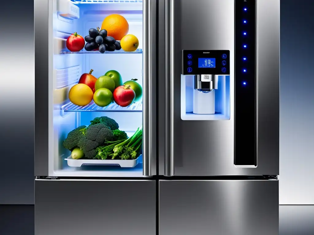 Un moderno refrigerador con compartimientos especiales para frutas y verduras, iluminado por luces LED, con un diseño sofisticado y funcional