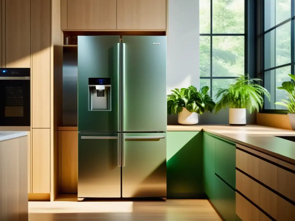 Un moderno refrigerador ecológico con pantalla digital, en una cocina minimalista y ecológica con luz natural