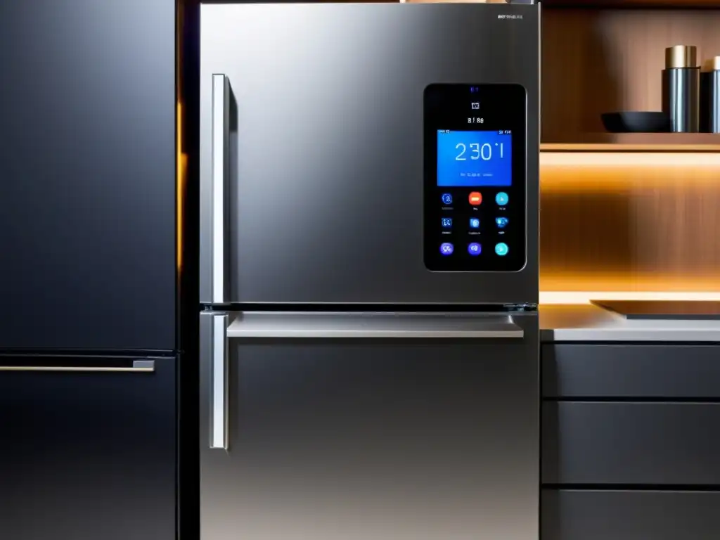 Un moderno refrigerador inteligente con pantalla táctil y capacidades de voz, integrado en una cocina elegante y moderna