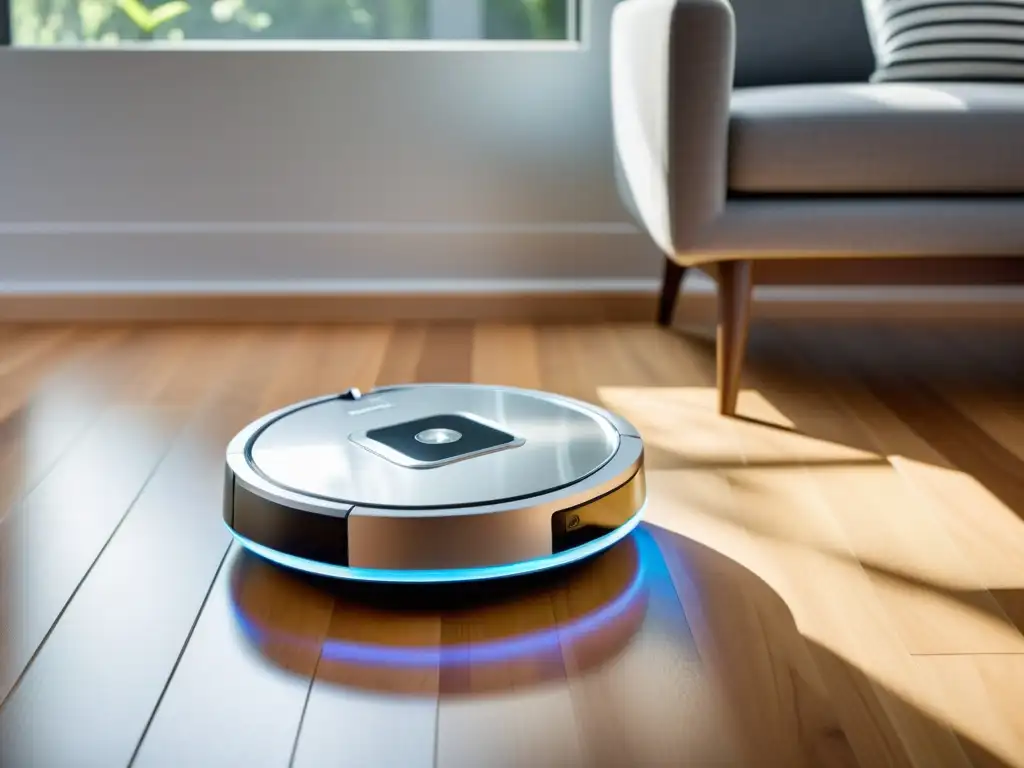 Un moderno robot aspirador plateado se desliza suavemente por un reluciente suelo de madera, con su pantalla LED indicando su funcionamiento autónomo