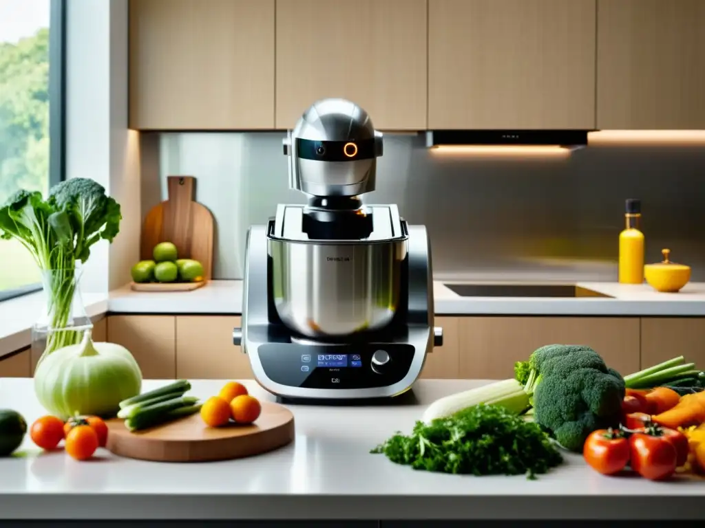 Un moderno robot de cocina corta verduras con precisión mientras un chef observa con satisfacción