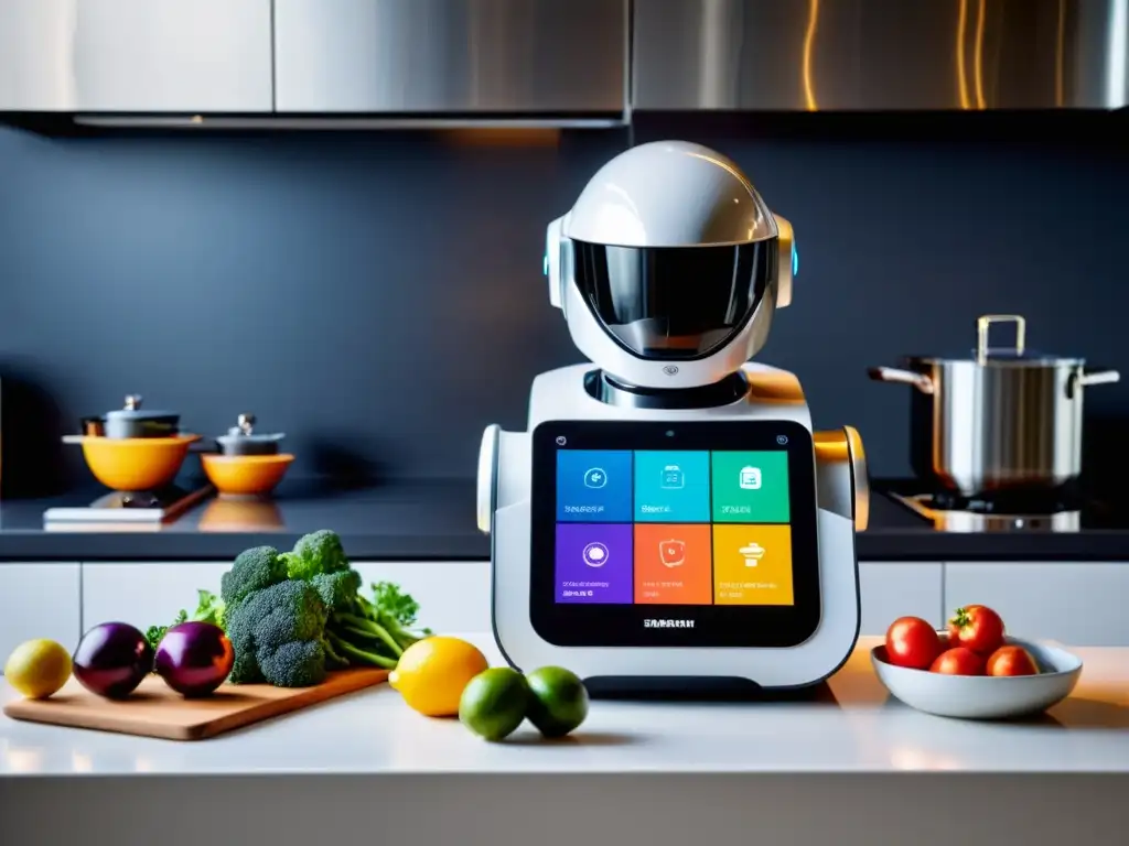 Un moderno robot de cocina con pantalla táctil y accesorios para diversas tareas culinarias