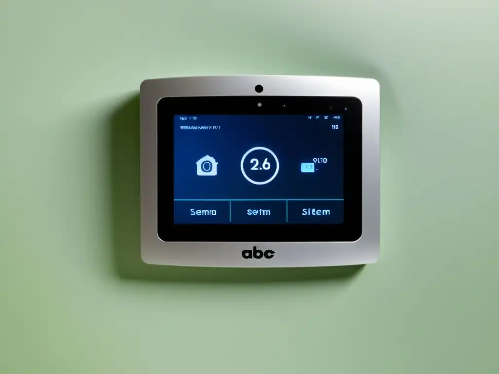 Un moderno sistema de seguridad para el hogar con el logo del Sistema de Alarma Inteligente ABC en el panel de control central