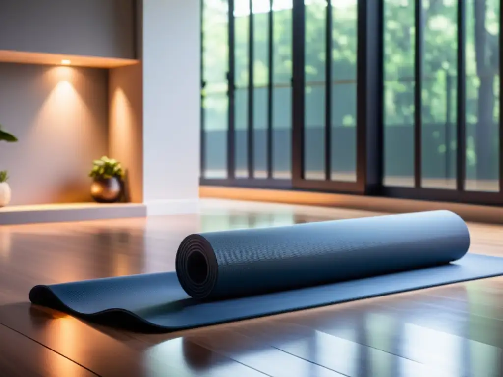 Un moderno tapete inteligente de yoga en un estudio minimalista en casa, con tecnología integrada y ambiente sereno