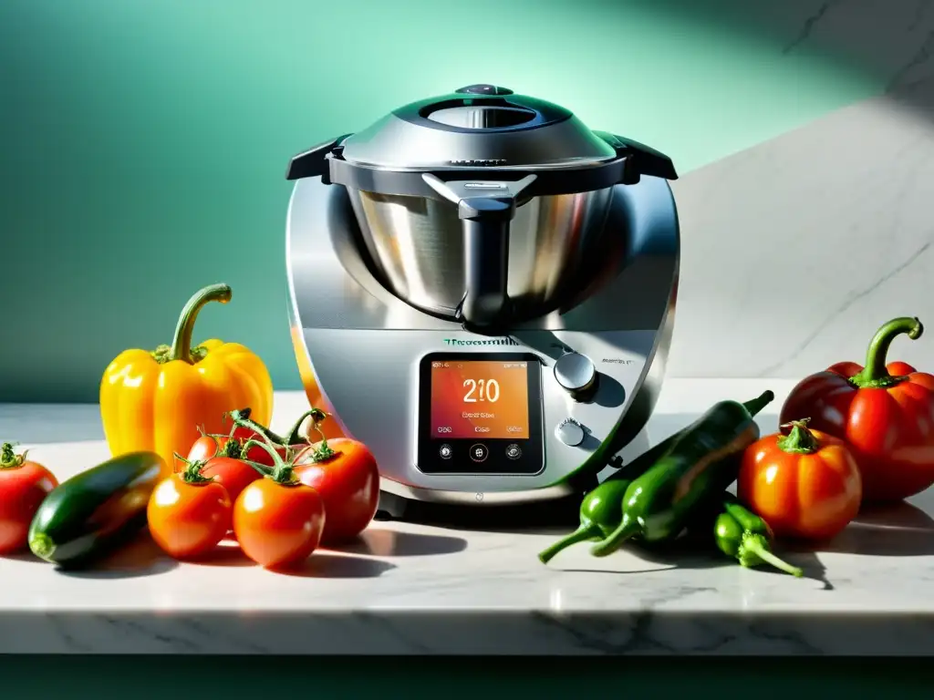 El moderno Thermomix TM6 en acción en una encimera de mármol rodeado de ingredientes frescos