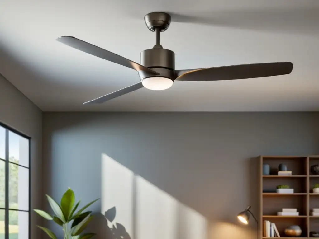 Un moderno ventilador de techo con diseño contemporáneo y luces LED integradas, en una amplia sala iluminada por el sol