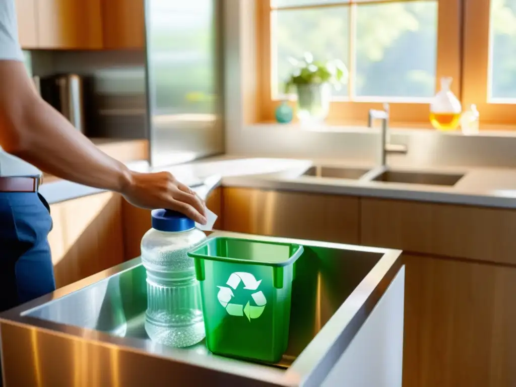 Un momento íntimo en una cocina moderna y ecológica, con reciclaje de vidrio, plástico y papel