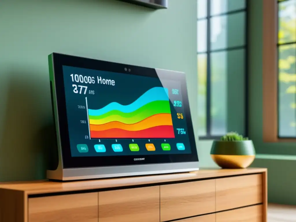 Monitor de energía para el hogar, muestra datos de consumo en una sala minimalista, promoviendo la gestión eficiente del consumo energético