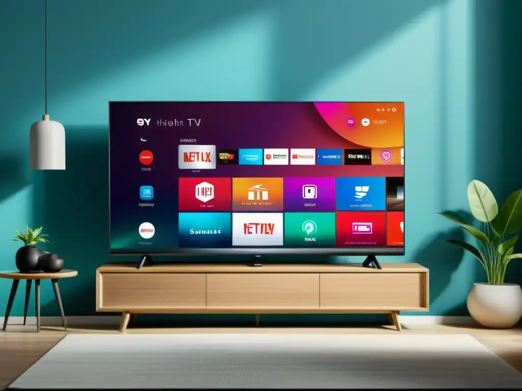 Moderna Smart TV montada en la pared, con interfaz vibrante y colorida