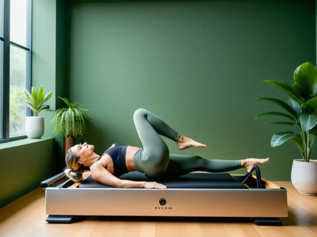 Una mujer en activewear realiza el Teaser de Pilates en un reformer con tecnología inteligente