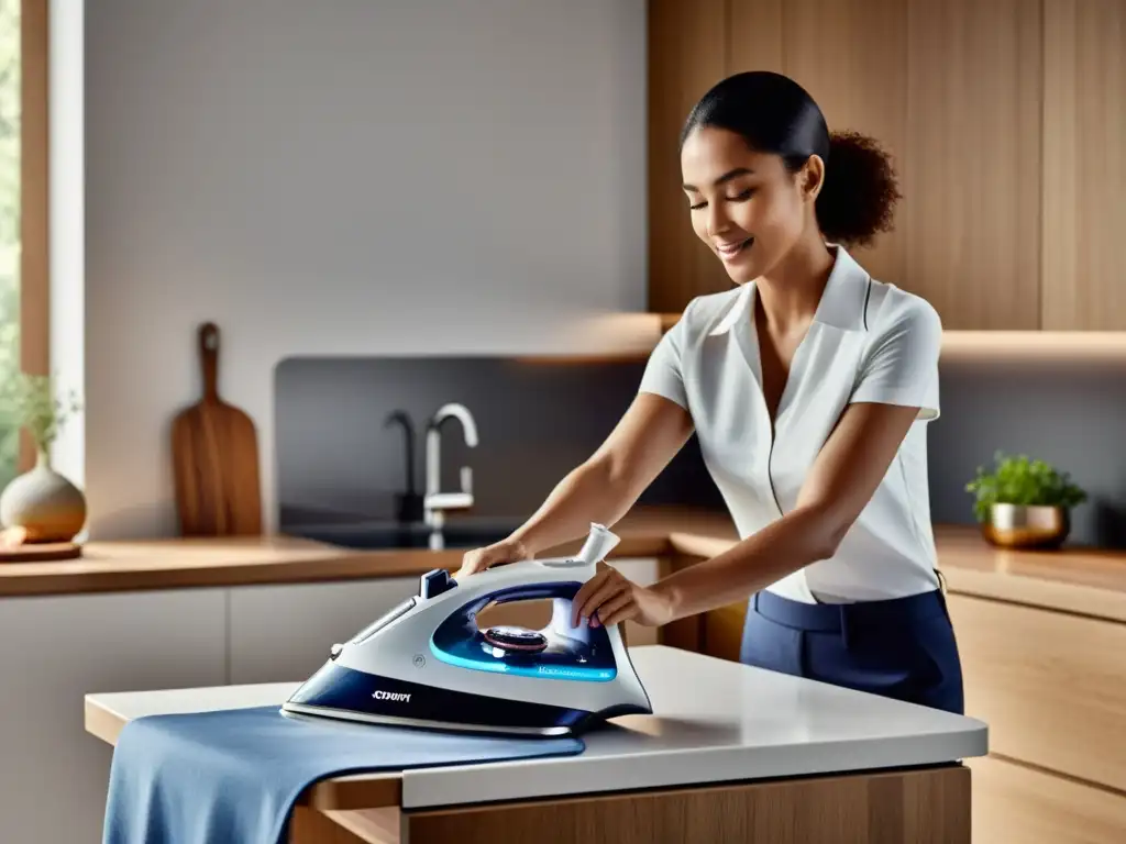 Una mujer planchando en una cocina moderna con un sistema de planchado inteligente integrado en la encimera