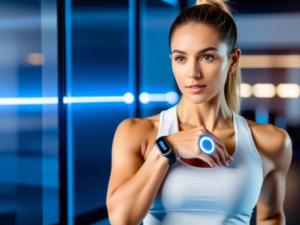 Mujer frente a espejo futurista en gimnasio, con monitor de progreso de ejercicio