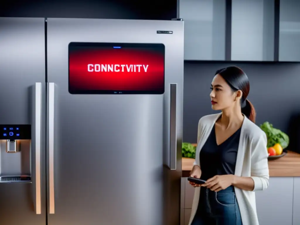 Mujer frustrada señalando a la pantalla de un refrigerador inteligente con mensaje de error de conectividad