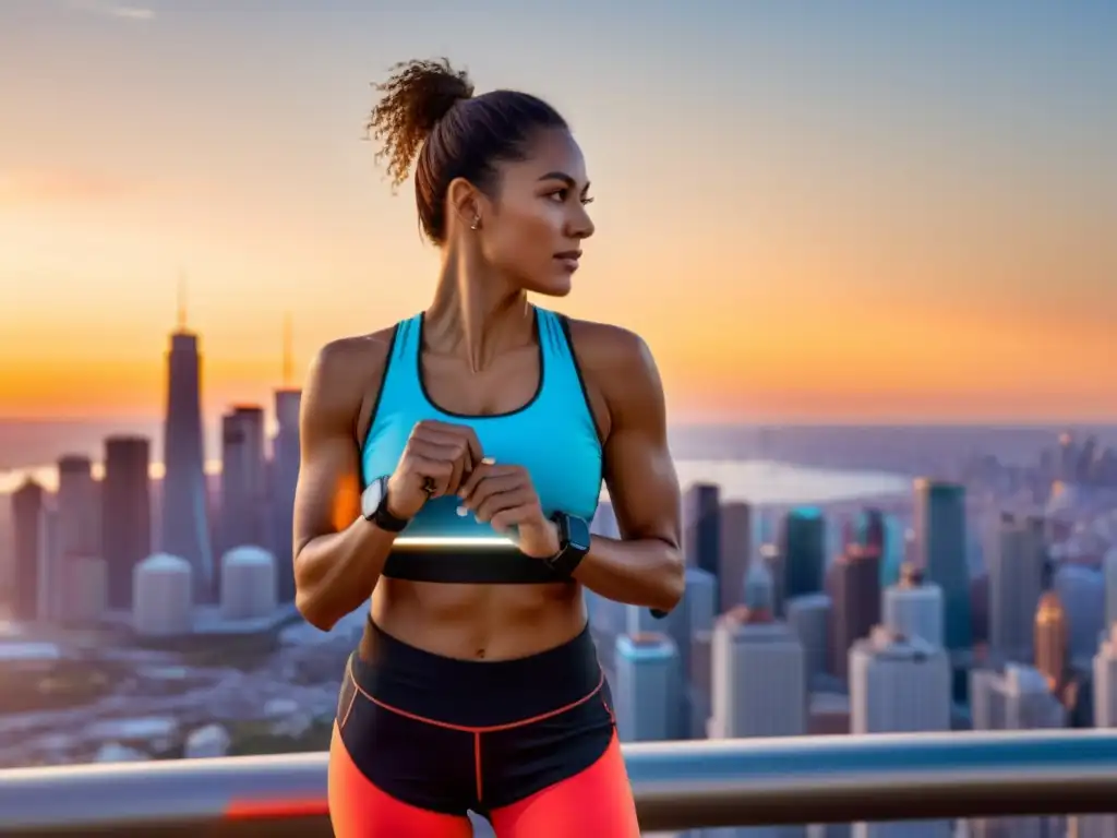 Una mujer lista para hacer ejercicio con su smartwatch, con una ciudad al atardecer de fondo