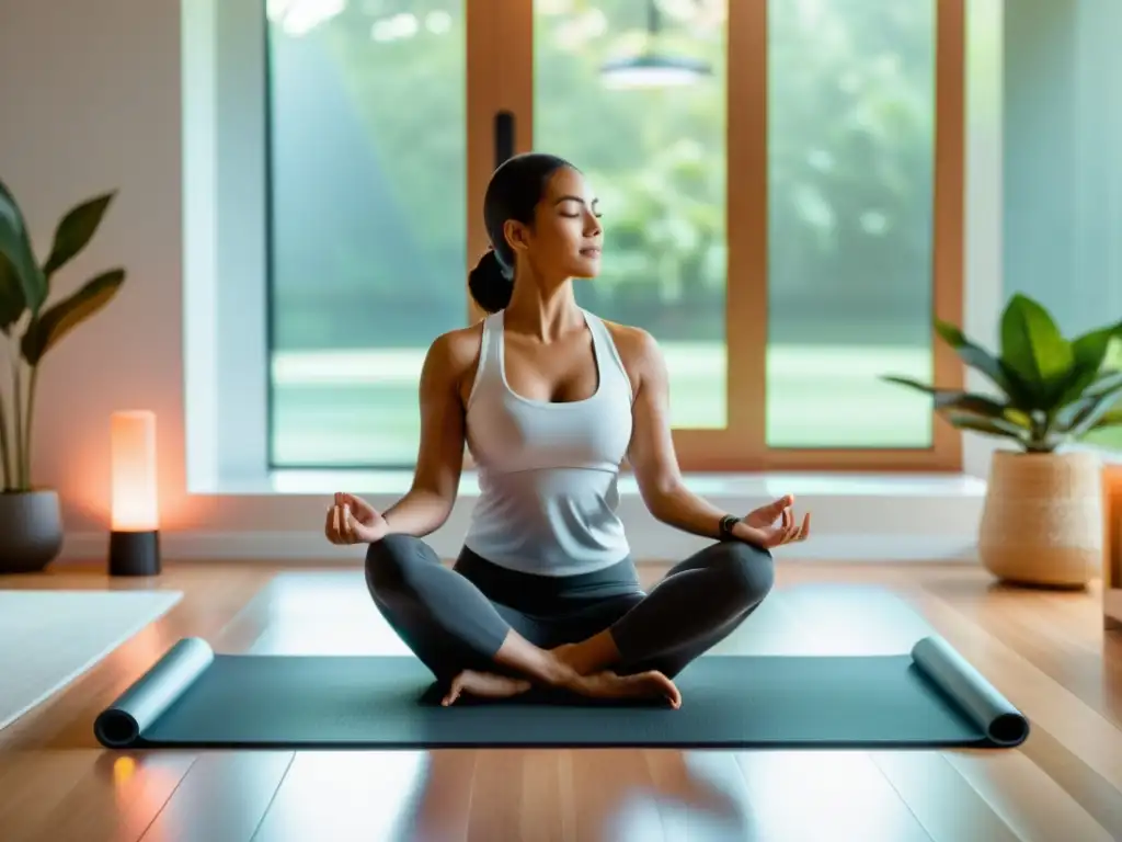 Una mujer practica yoga en su moderno salón, con un elegante tapete inteligente iluminado y conectado a su smartphone