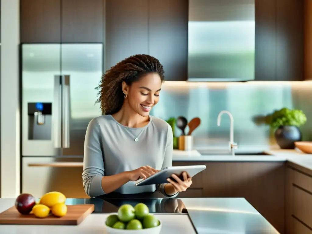 Una mujer multitarea en una cocina moderna, mostrando la contribución de los electrodomésticos a la emancipación femenina