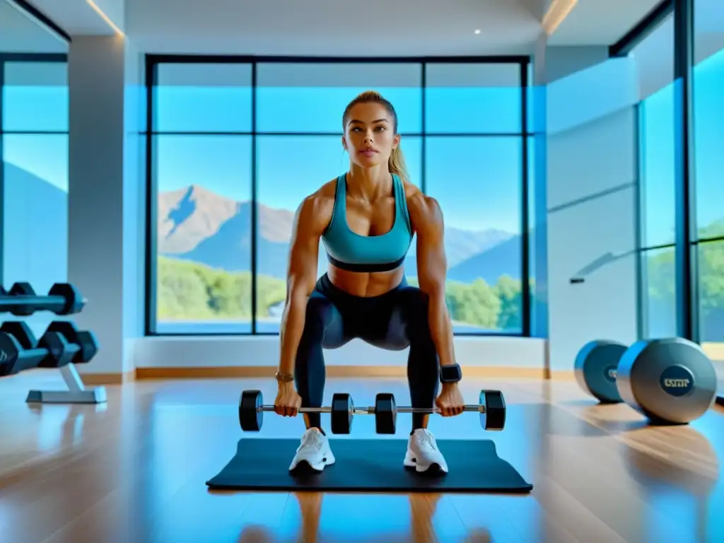 Una mujer levanta pesas inteligentes en su gimnasio en casa, en un ambiente moderno y luminoso para fortalecimiento en casa con pesas inteligentes