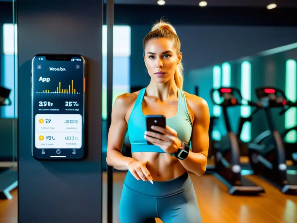 Una mujer en ropa deportiva frente al espejo en un gimnasio bien iluminado, revisando su progreso en una app de monitorización de ejercicio