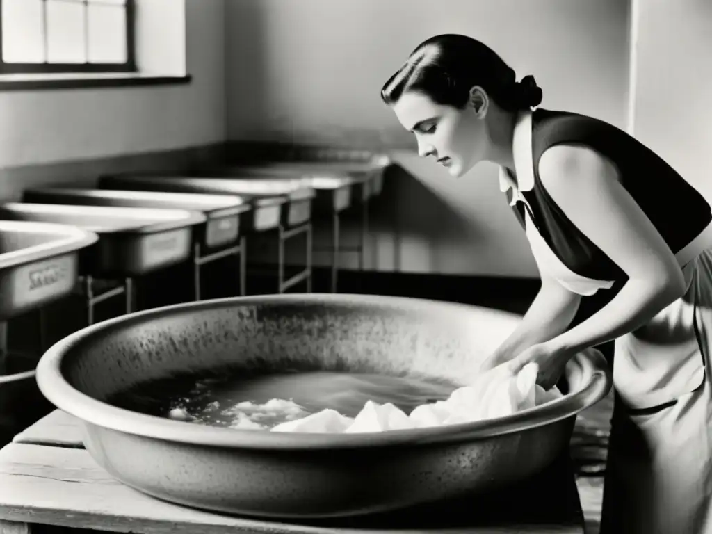 Una mujer lavando ropa a mano en un gran lavabo, evocando la era previa a la tecnología lavarropas automático hogar