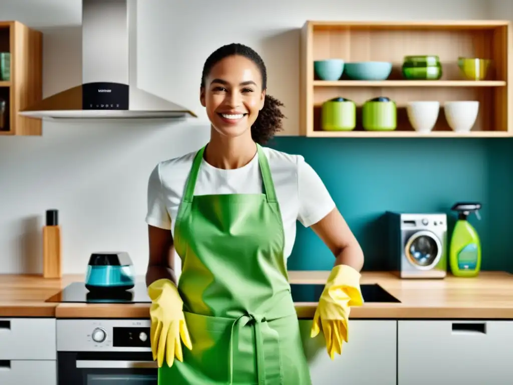 Mujer sonriente usando productos de limpieza ecoamigables en modernos electrodomésticos, fomentando prácticas sostenibles en el hogar