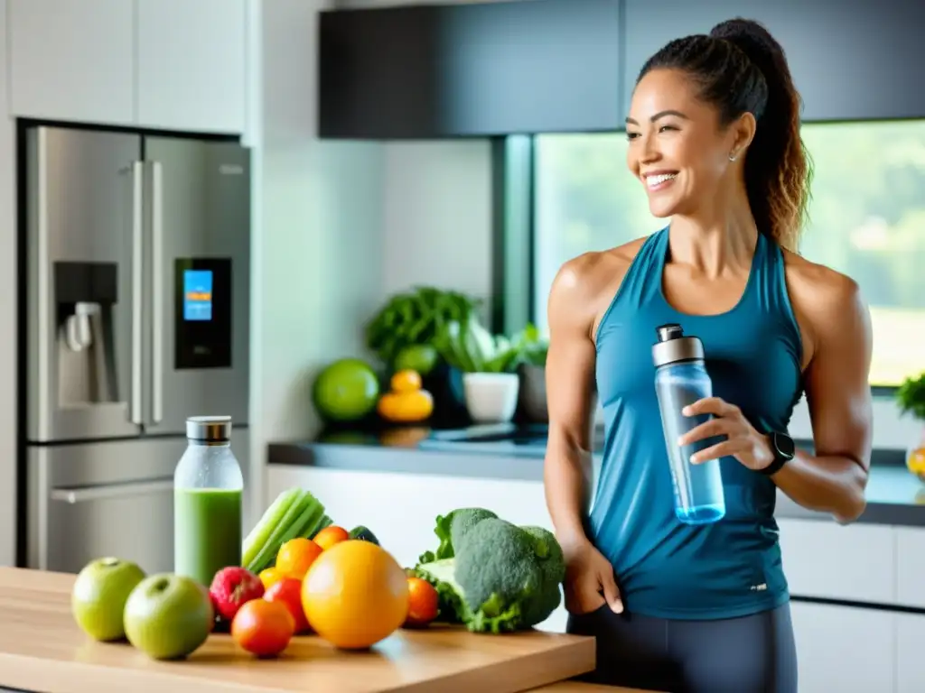 Una mujer sonriente en ropa de entrenamiento moderna en una cocina luminosa y espaciosa, rodeada de alimentos frescos y opciones de proteínas magras