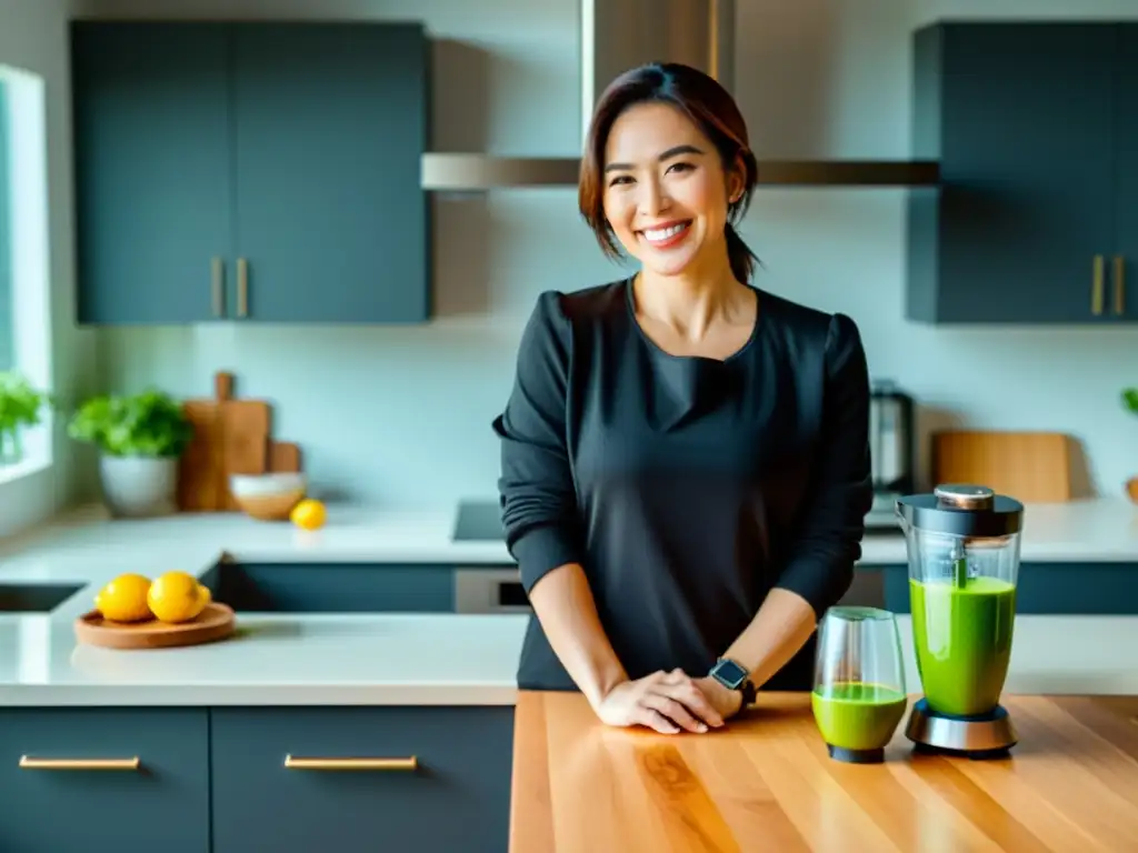 Una mujer con sonrisa segura ofrece solución rápida para batidora que no arranca, irradiando competencia y cercanía en una cocina moderna y bien iluminada