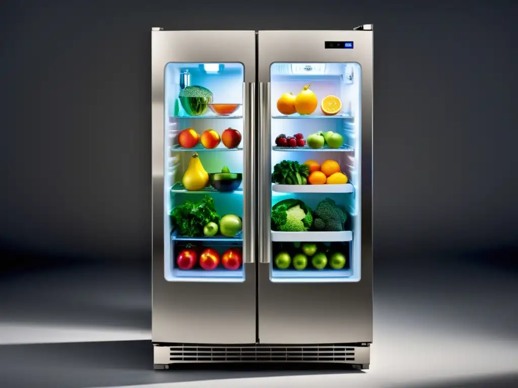 Nevera de acero inoxidable con puerta de vidrio, frutas y verduras ordenadas, iluminada con tecnología LED