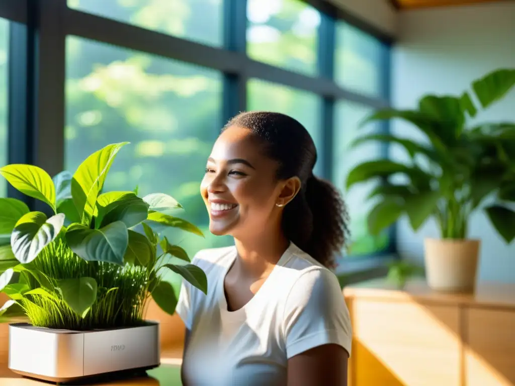 Una niña feliz juega en una habitación soleada, rodeada de plantas verdes y un purificador de aire para niños en silencio