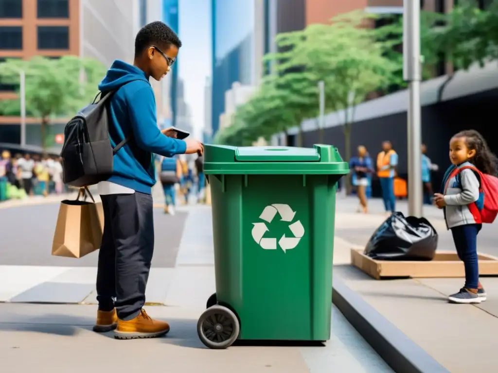 Un niño recicla un dispositivo electrónico en la ciudad, resaltando la importancia del reciclaje de electrodomésticos en la vida urbana moderna