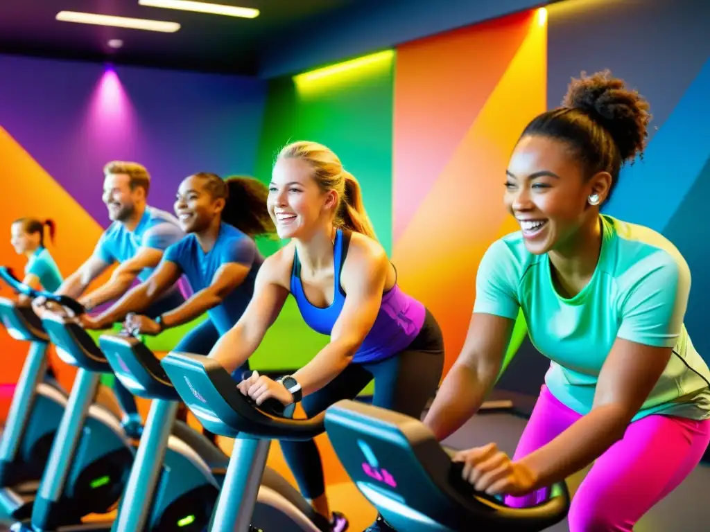 Niños activos compitiendo en equipos de ejercicio inteligentes en un gimnasio moderno y brillante, fomentando estilos de vida saludables