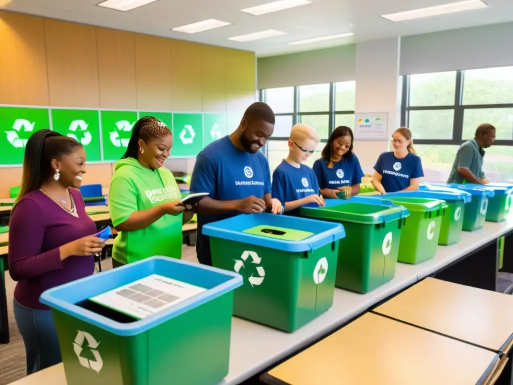 Niños y adultos en aula moderna reciclando electrodomésticos