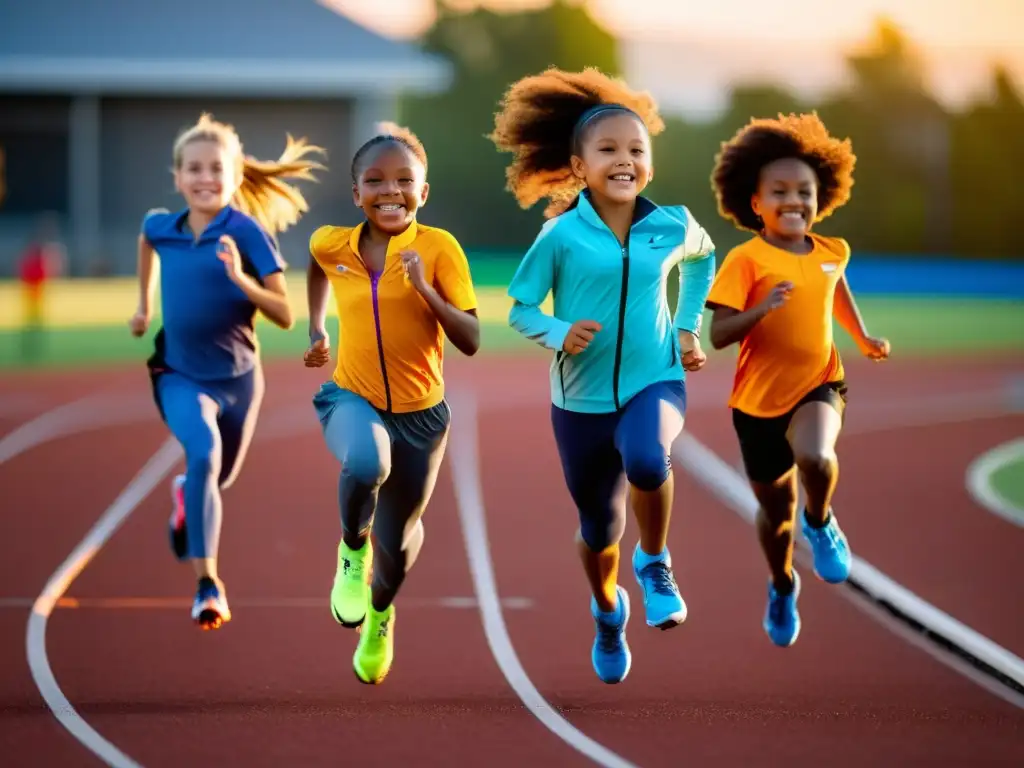 Niños con equipos de ejercicio inteligentes disfrutan una carrera de relevos al atardecer en una pista moderna