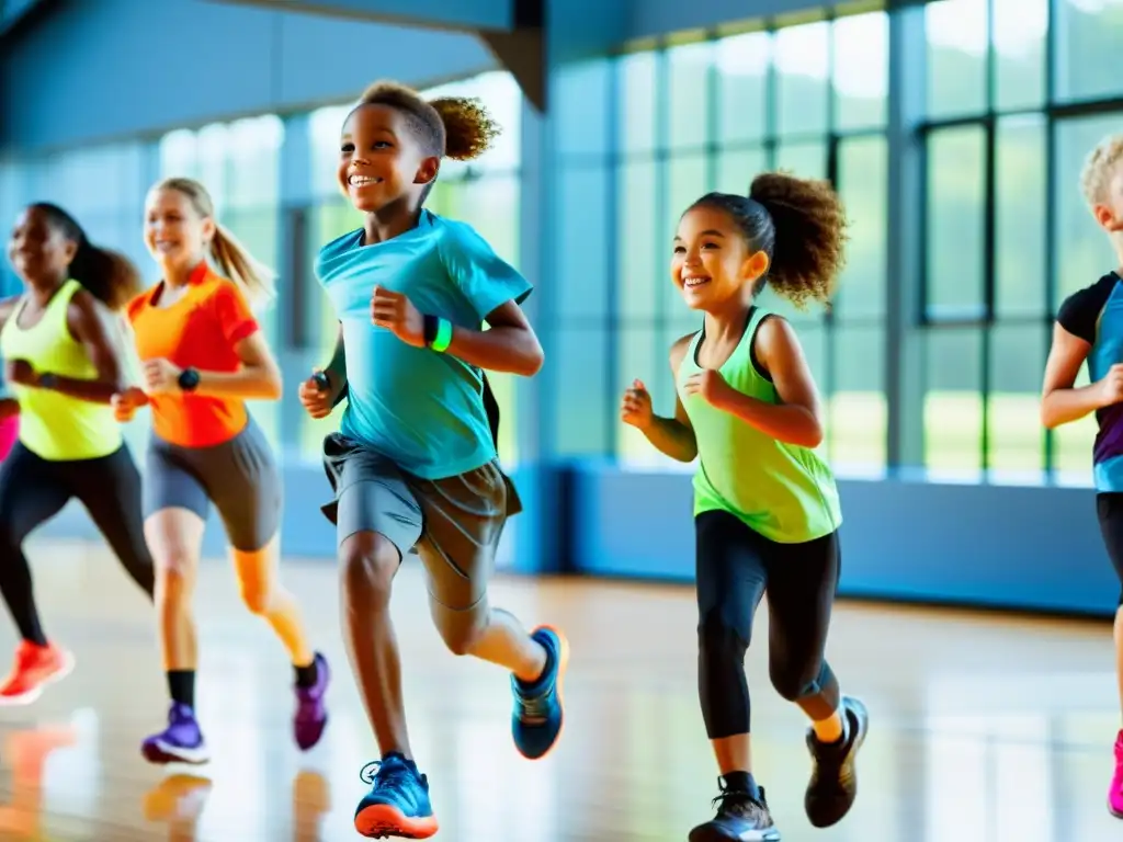 Niños usando equipos de ejercicio inteligentes en un gimnasio moderno y vibrante, supervisados por un instructor amigable