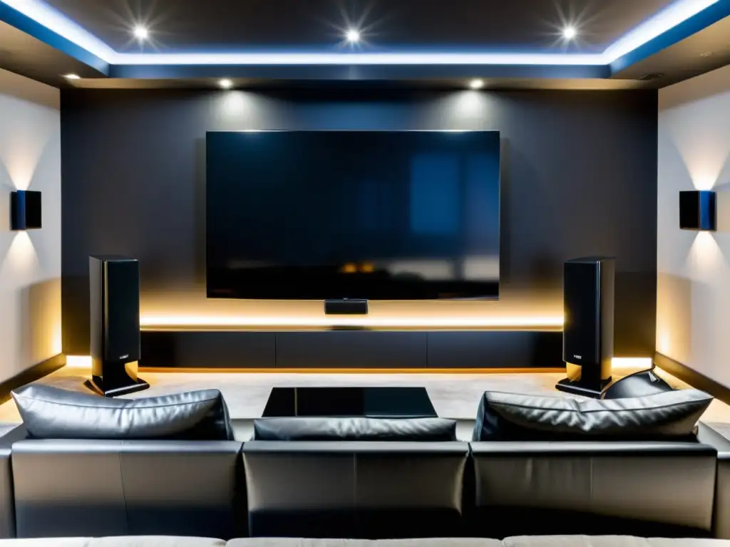 Ofertas estrella equipos audio: Un elegante sistema de cine en casa con acabado negro brillante y luces LED, en un ambiente lujoso y acogedor