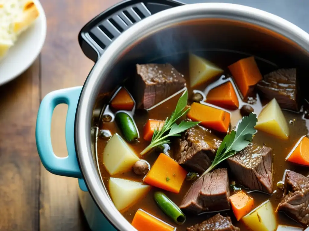 Una olla lenta de acero inoxidable muestra un delicioso guiso de carne, verduras y caldo, creando una atmósfera reconfortante y deliciosa