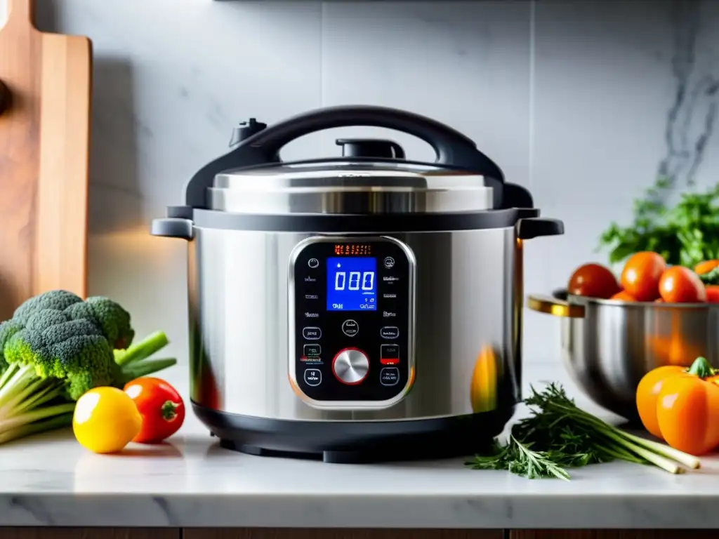 Una olla de presión eléctrica moderna en la encimera de la cocina rodeada de verduras frescas y hierbas