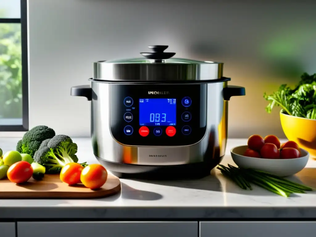 Una olla programable de cocina moderna con pantalla digital y acabado en acero inoxidable, rodeada de ingredientes frescos y coloridos en una encimera blanca